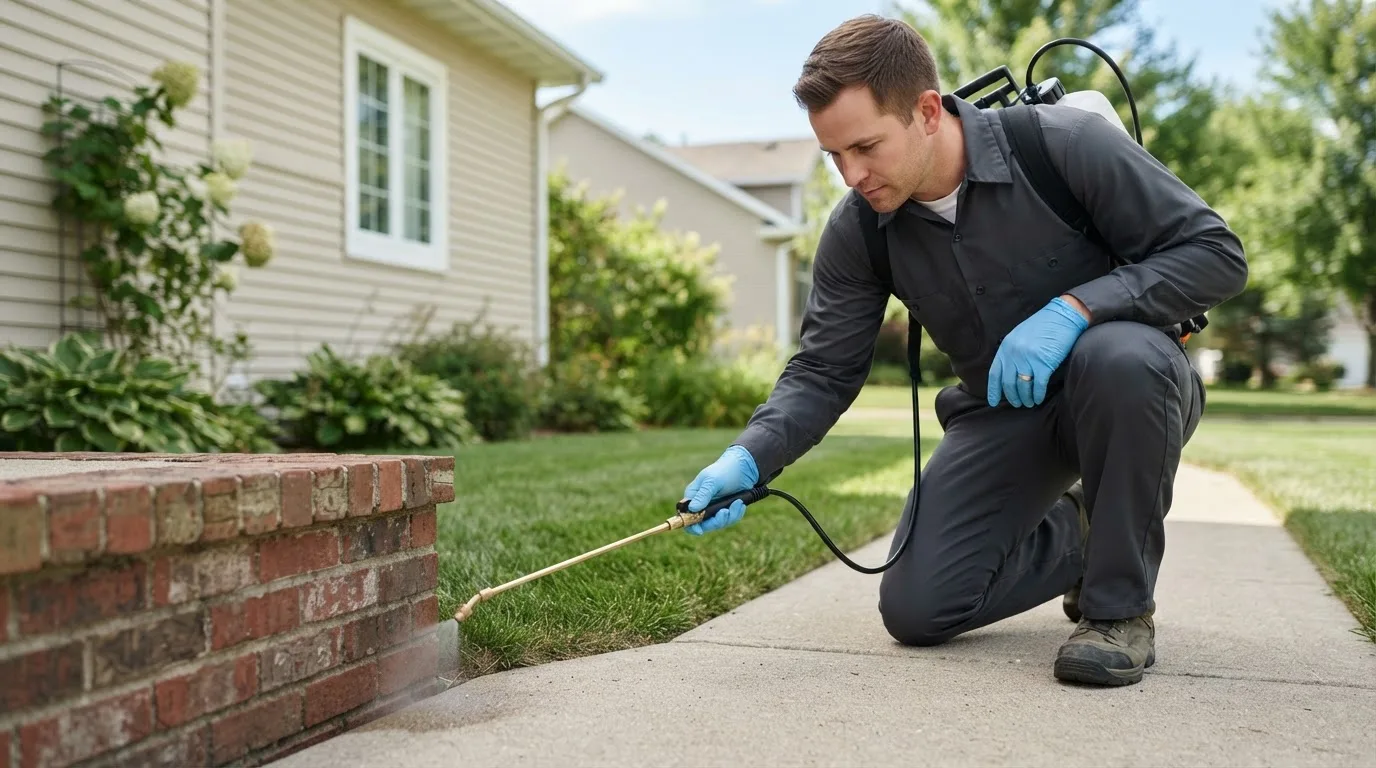 Pest control technician treating a home near Stony Brook, NY